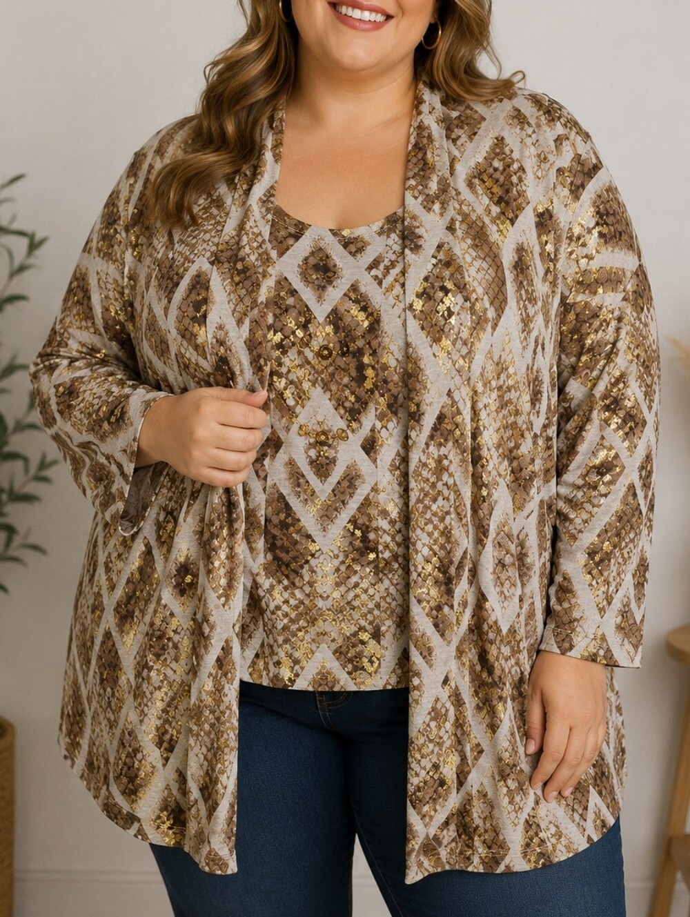 Alfred Dunner Brown and Cream Patterned Top